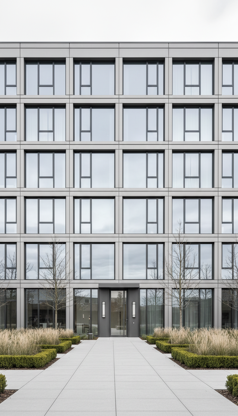 A high-resolution, architectural photograph of a modern residential building façade characterized by clear geometric patterns, expansive glass windows, and soft gray tones. The building is fronted by a clean, paved walkway edged with minimalist landscaping—ornamental grasses and neatly trimmed shrubs—all under the cool, ambient overcast daylight. Reflections in the windows subtly capture the sky, adding visual depth. Framing uses the rule of thirds to center the main entrance and create a structured, harmonious layout, representing the stability and sophistication of expertly managed property listings. The mood is calm, professional, and meticulously ordered, supporting a real estate platform’s trustworthy image with a corporate, photographic style.