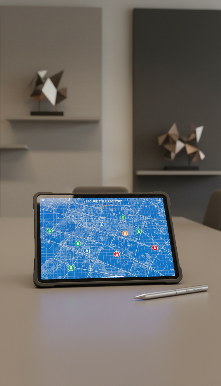 A close-up view of a secure digital tablet displaying a high-detail, interactive map grid with marked property boundaries and color-coded ownership status icons. The device rests on a smooth, taupe conference table alongside an elegantly branded pen, with minimalistic office décor—abstract metallic sculptures and neutral background panels—adding subtle depth. Soft, indirect office lighting casts gentle highlights across the glass screen, enhancing clarity while preventing screen glare. The camera angle is nearly eye-level, capturing the tablet as the focal point with sharp, clean lines. The mood is composed and confident, echoing a secure, innovative real estate registration service, all within a photographic, modern corporate visual style.